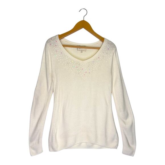 Debbie Morgan Women's Sequin V-Neck Sweater Size M Cream Winter Long Sleeve - Picture 10 of 10